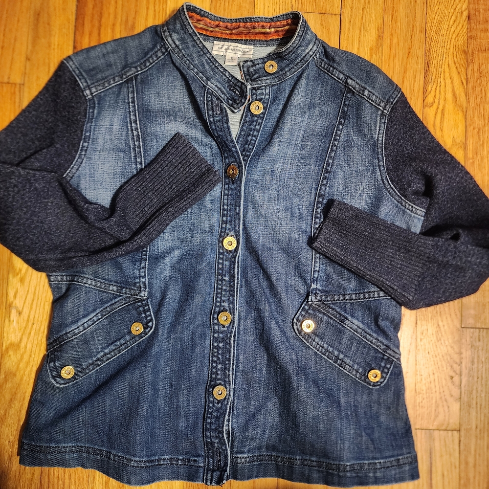 St. John Blue Denim Jacket with Knit Sleeves